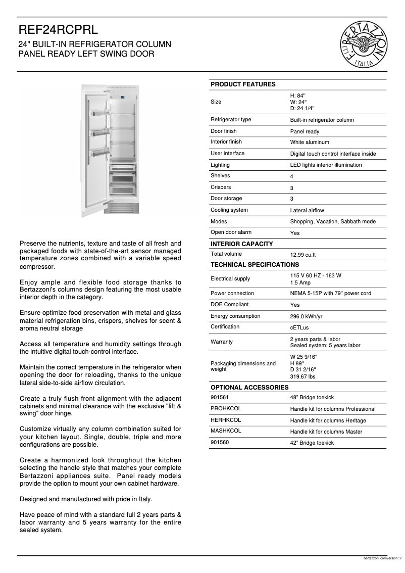 Page 1 de la notice Fiche technique Bertazzoni REF24RCPRL