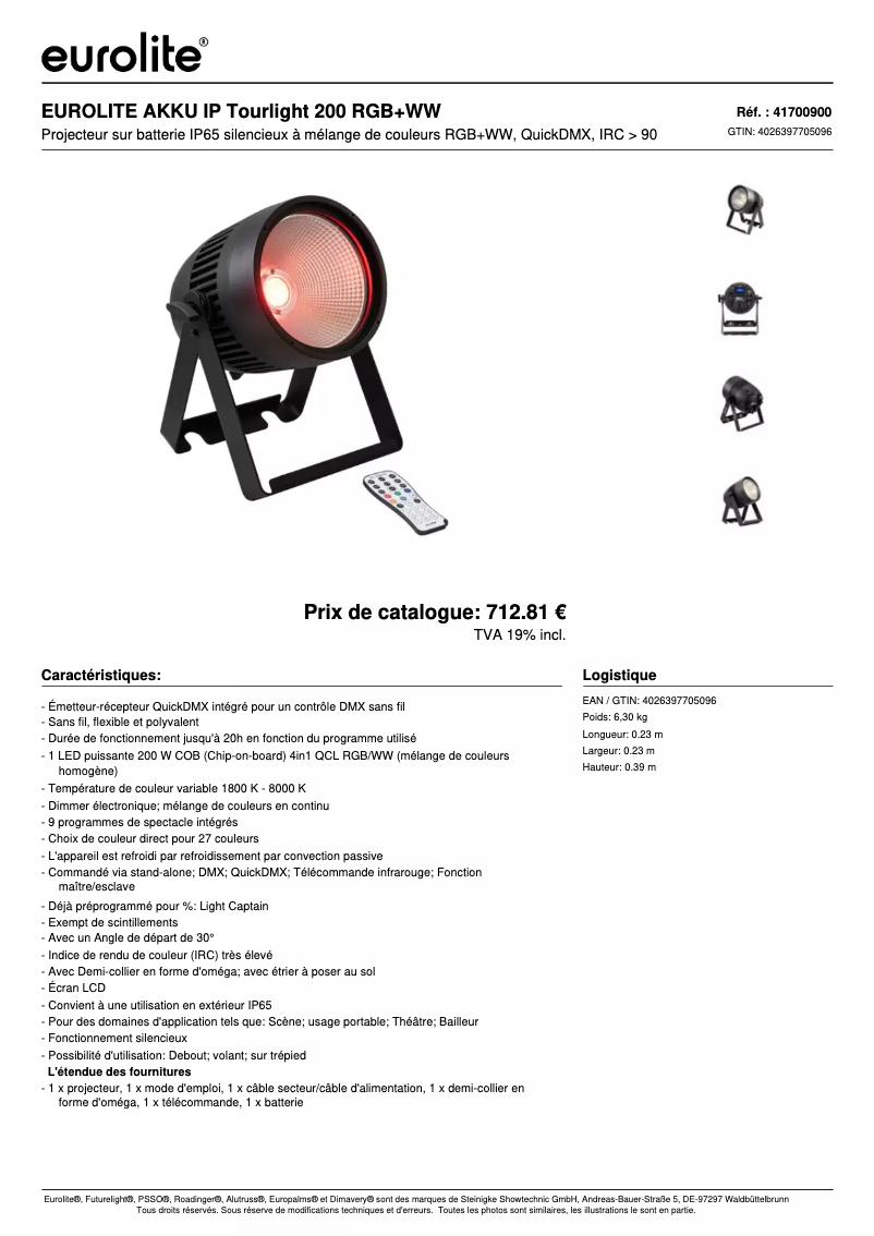 Page n°1 - Fiche technique Eurolite AKKU IP Tourlight 200
