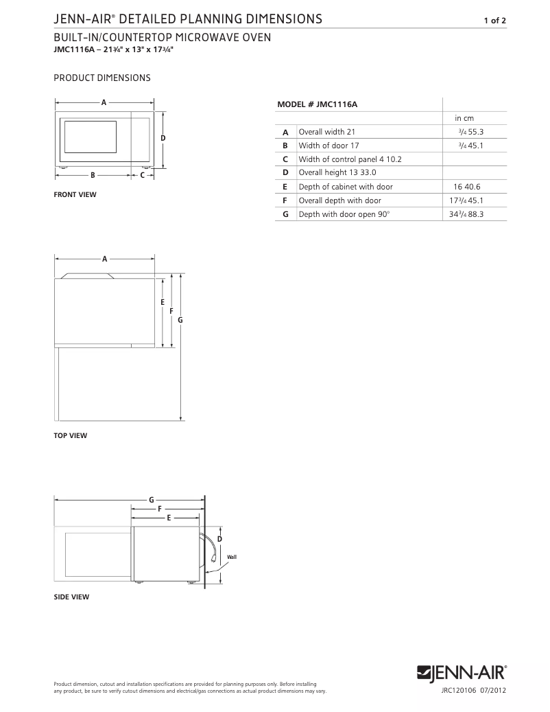 Page n°1 - Dessin technique JennAir JMC1116AS