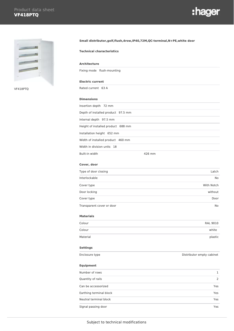 Page n°1 - Fiche technique Hager VF418PTQ