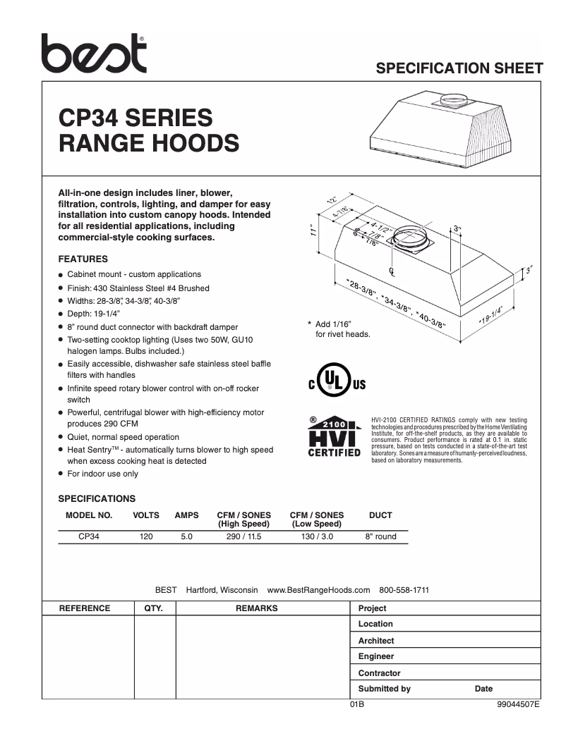 Página 1 del manual Ficha técnica Best CP34I429SB