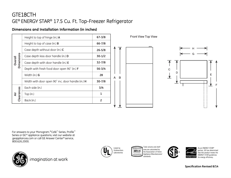 Page 1 of the manual Technical Sheet GE GTE18CTHWW