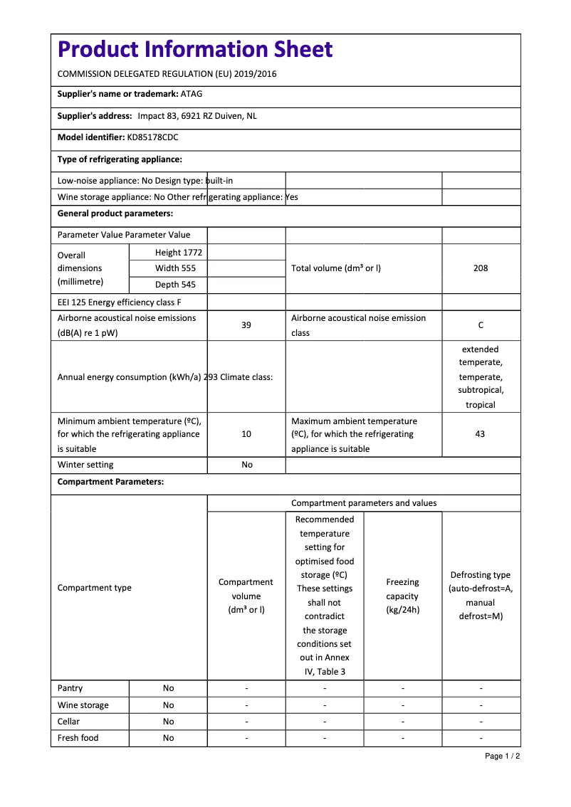 Page 1 de la notice Fiche technique Atag KD85178CDC
