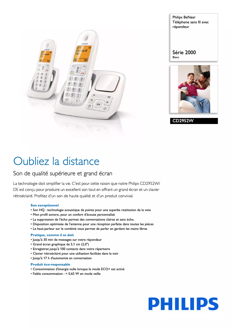 Página 1 del manual Ficha técnica Philips BeNear CD2952W