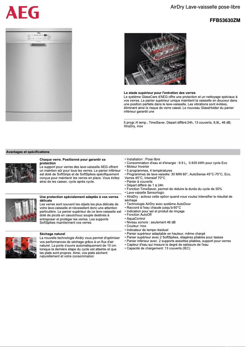 Page 1 de la notice Fiche technique AEG FFB53630ZM