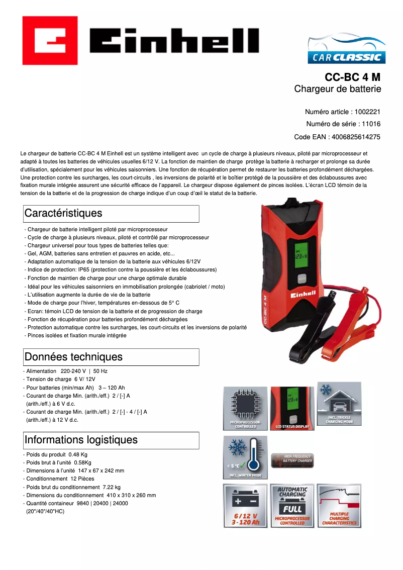 Page 1 de la notice Fiche technique Einhell CC-BC 4 M