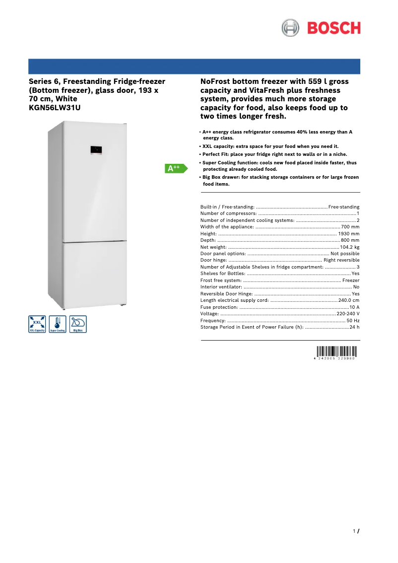 Página 1 del manual Ficha técnica Bosch KGN56LW31U