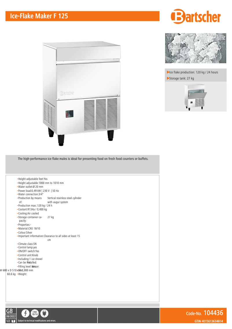 Page 1 de la notice Fiche technique Bartscher F 125