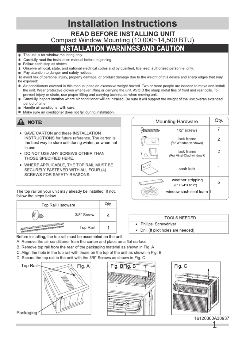 Page n°1 - Guide d'installation Frigidaire FHWC123TC1