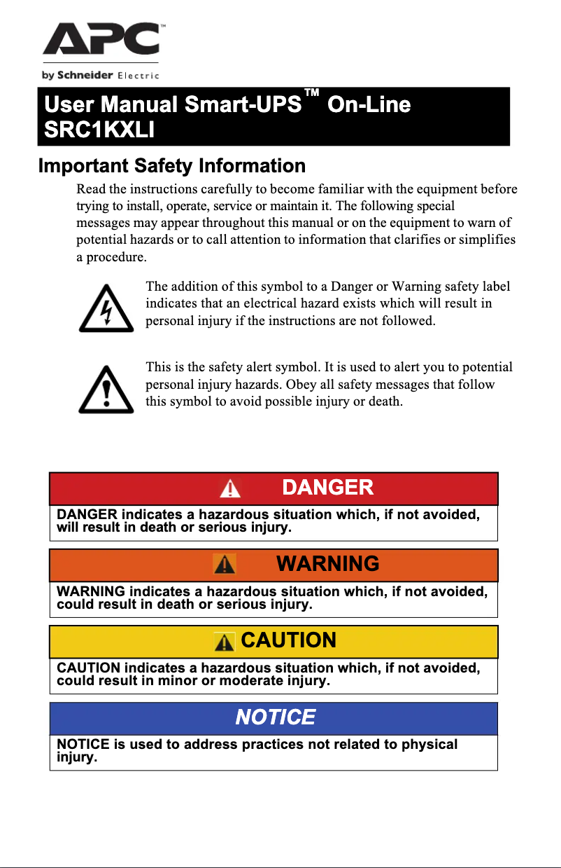 Image de la première page du manuel de l'appareil Smart-UPS On-Line SRC1KXLI