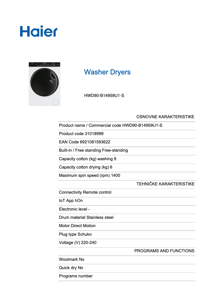 Image de la première page du manuel de l'appareil HWD900B14959S8U1