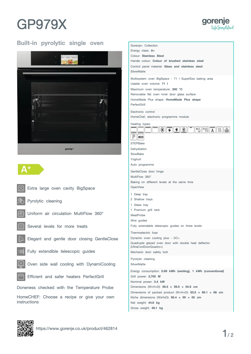 Page n°1 - Fiche technique Gorenje GP979X