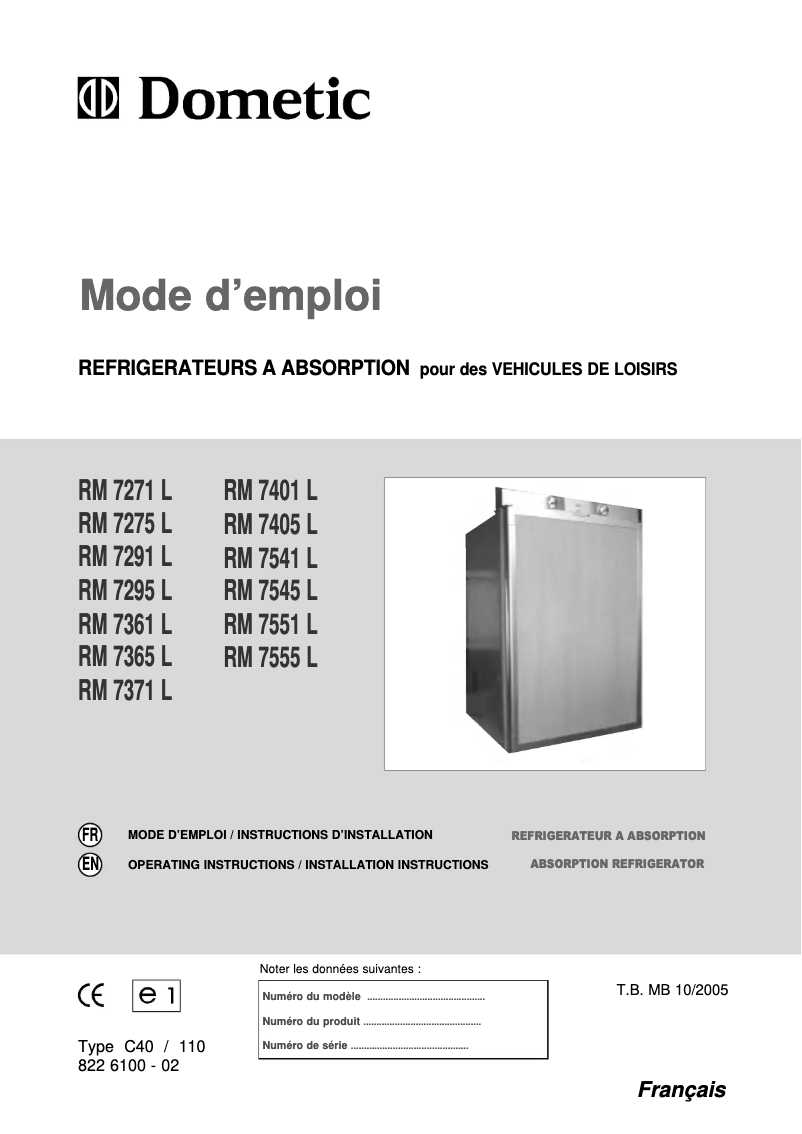 Page 1 de la notice Manuel utilisateur Dometic RM 7361L