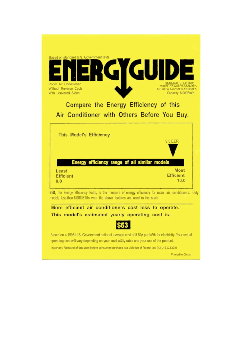 Página 1 del manual Etiqueta energética GE AKL08FA