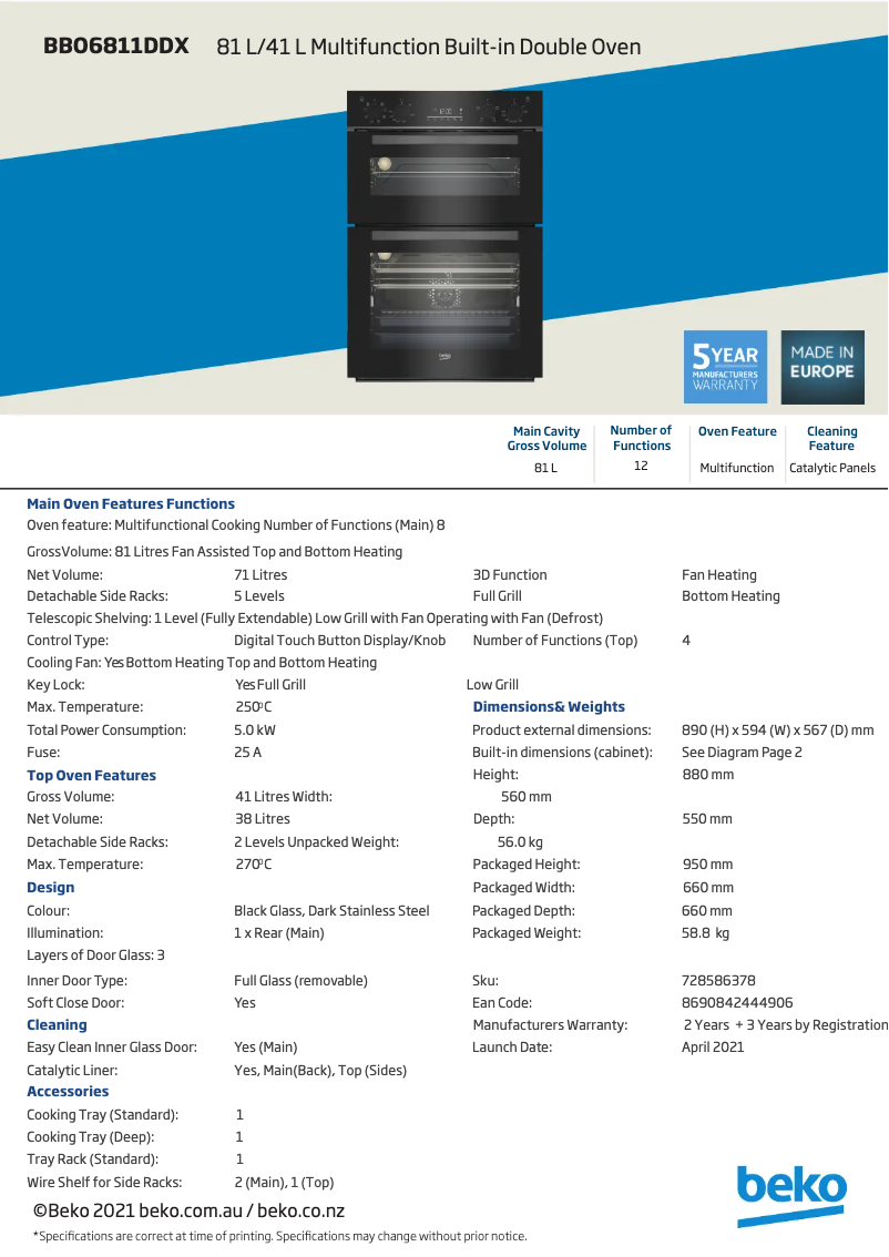 Page n°1 - Fiche technique Beko BBO6811DDX