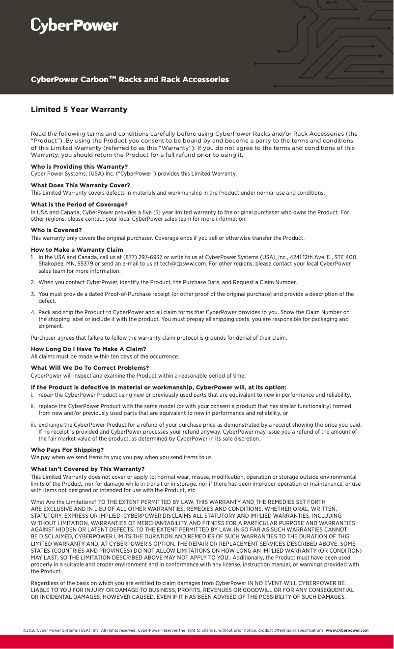 Page 1 of the manual Warranty Information CyberPower CRA40001
