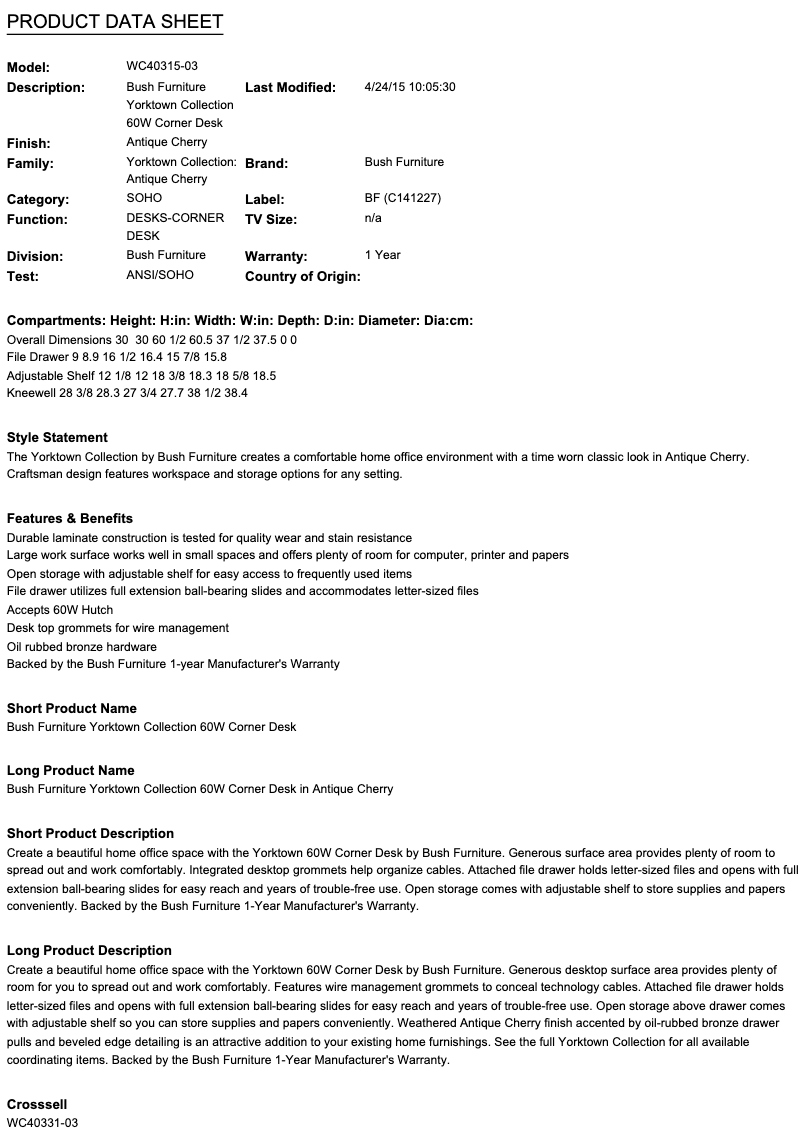 Page 1 de la notice Fiche technique Bush Yorktown WC40315-03
