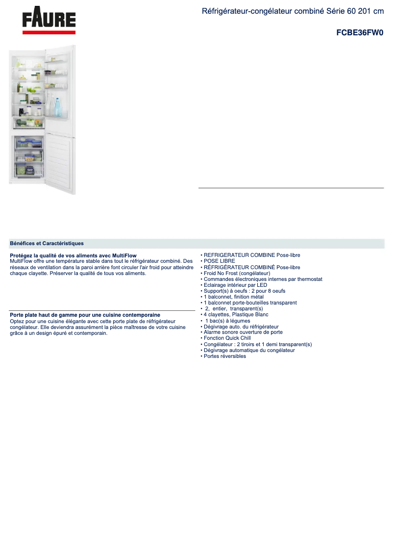 Page 1 de la notice Fiche technique Faure FCBE36FW0