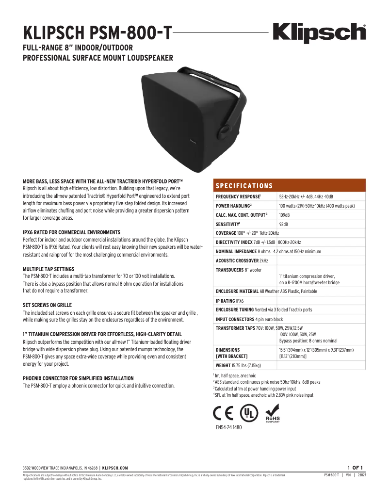 Page 1 de la notice Fiche technique Klipsch PSM-800-T