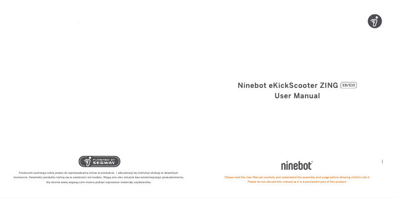 Page 1 de la notice Manuel utilisateur Segway Ninebot eKickScooter ZING E10