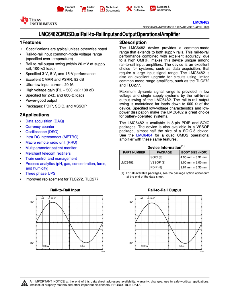 Page 1 de la notice Manuel utilisateur Texas Instruments LMC6482IM/NOPB