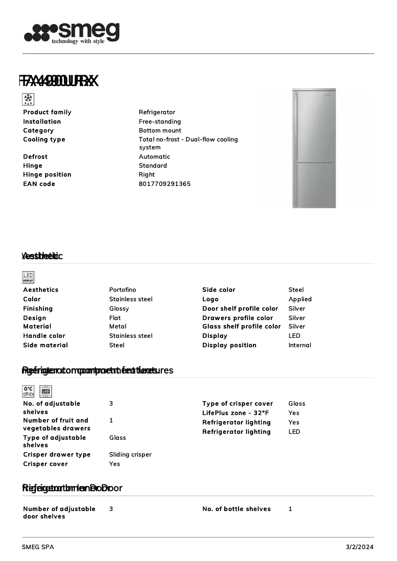 Page n°1 - Fiche technique Smeg FA490URX