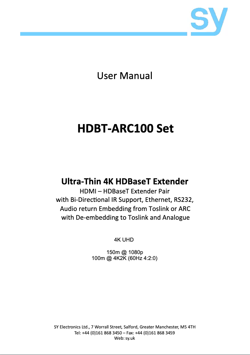 Page 1 of the manual User Manual SY Electronics HDBT-ARC-100 SET