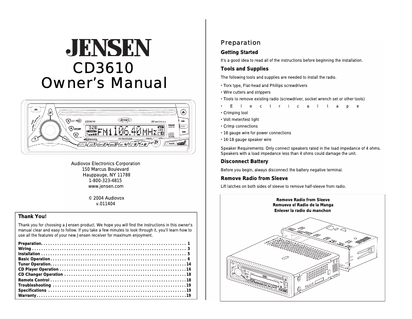 Page 1 de la notice Manuel utilisateur Jensen CD3610