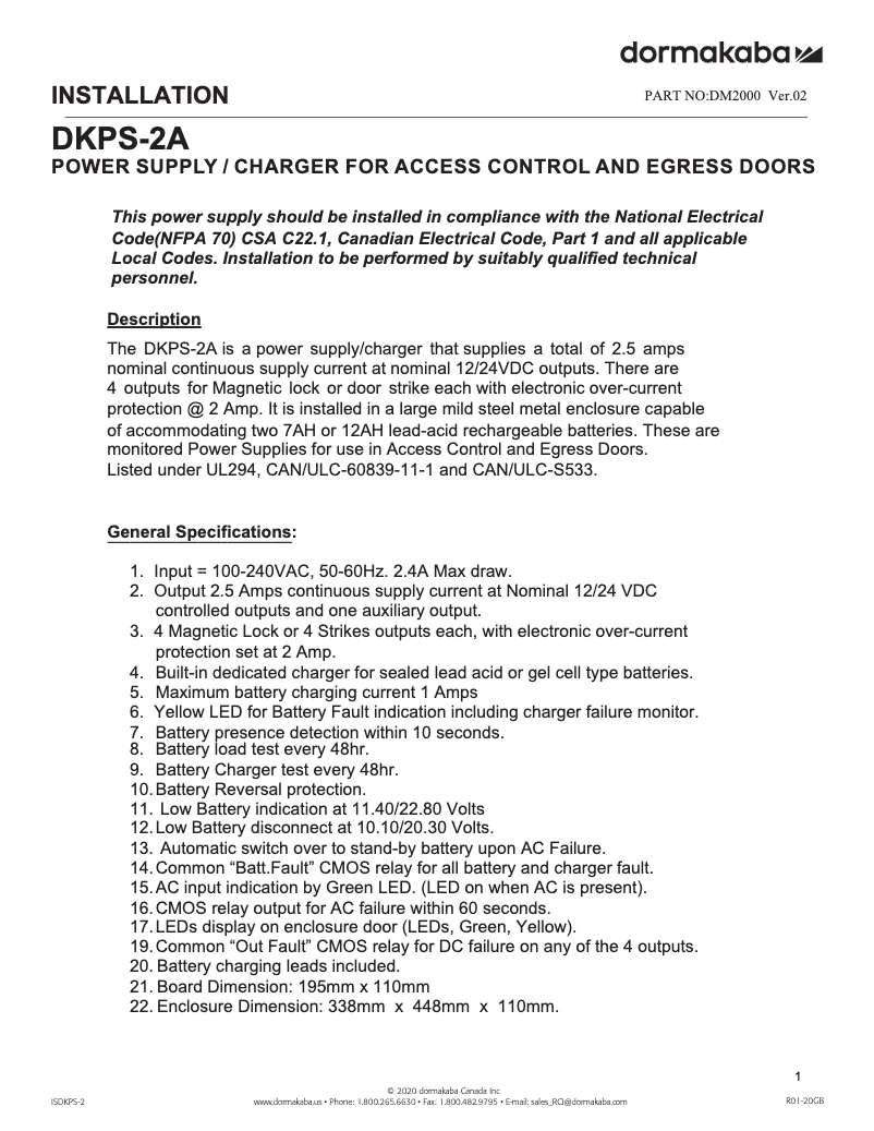 Page 1 de la notice Manuel utilisateur Dormakaba DKPS-2A