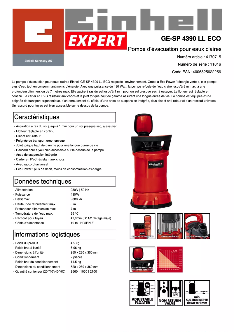 Page n°1 - Fiche technique Einhell GE-SP 4390 LL ECO