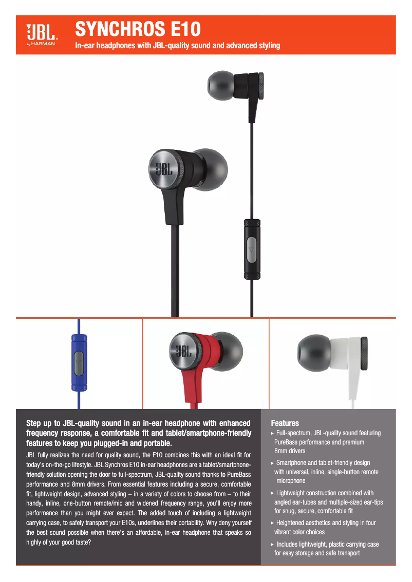 Page 1 de la notice Manuel utilisateur JBL Synchros E10