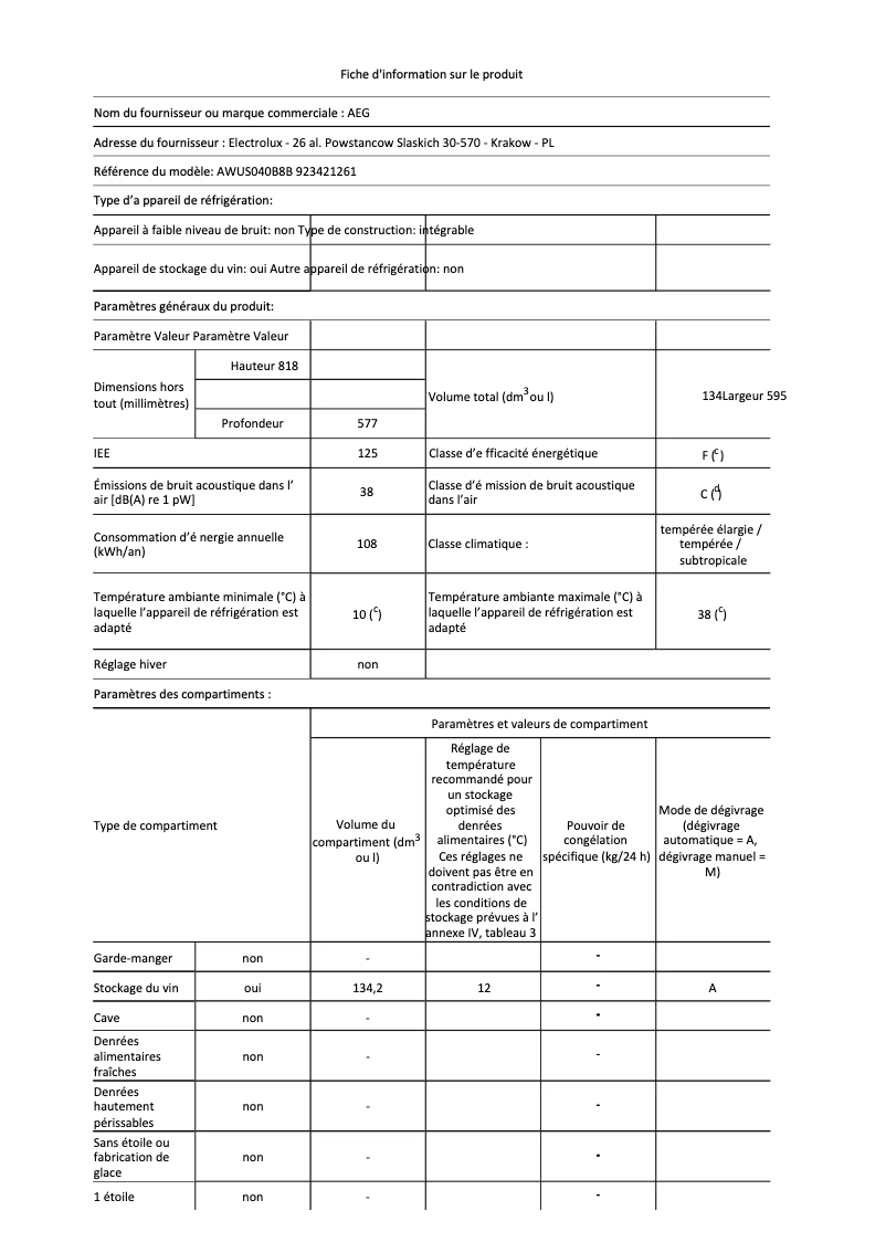 Page 1 de la notice Fiche technique AEG AWUS040B8B