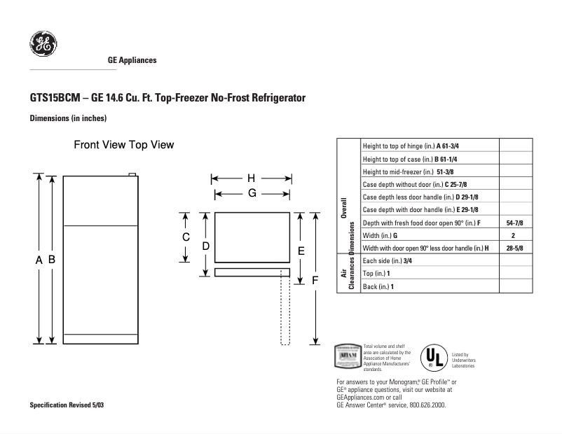 Page n°1 - Fiche technique GE GTS15BCMRWW