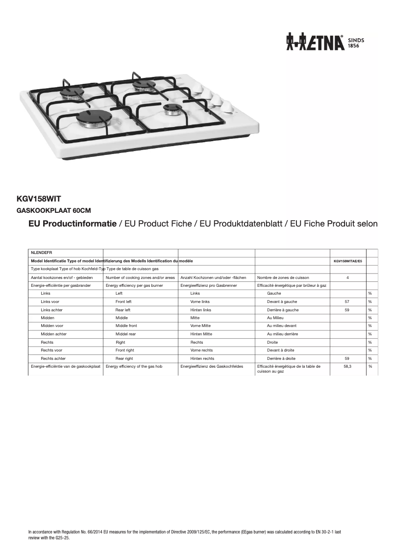 Page 1 de la notice Fiche technique Etna KGV158WIT