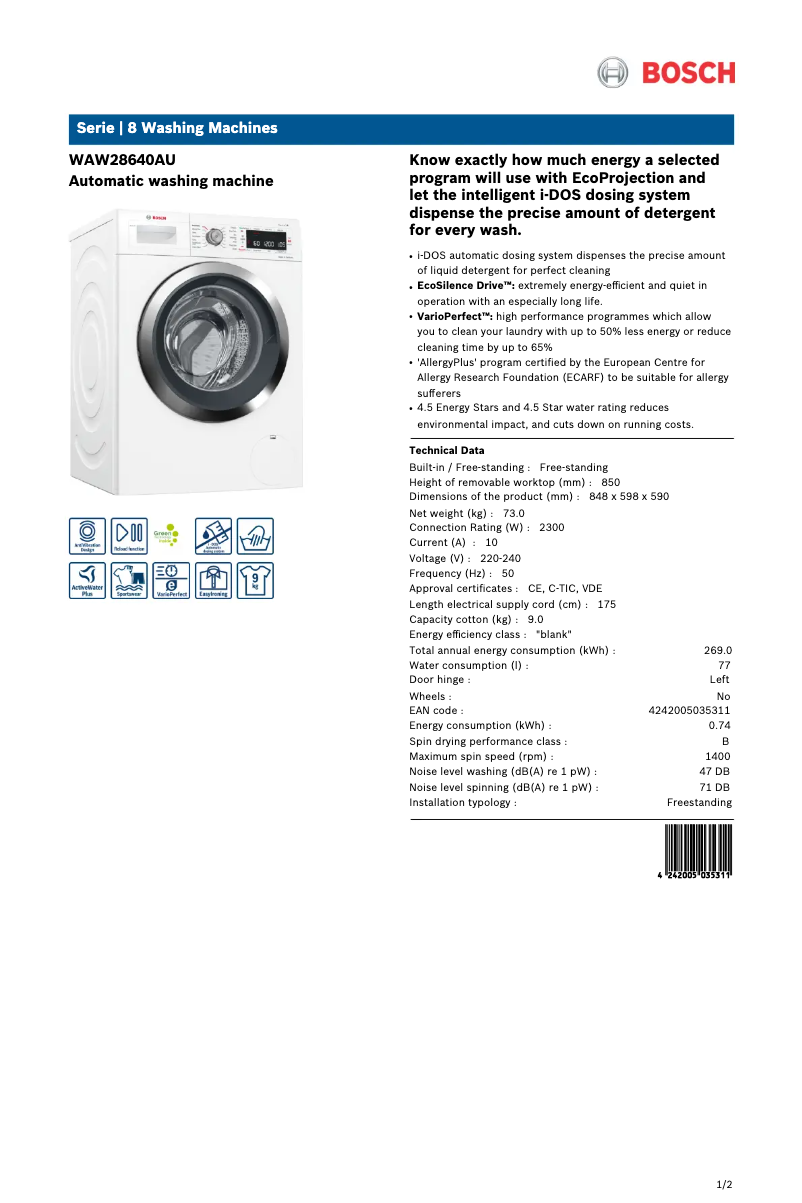 Page 1 de la notice Fiche technique Bosch WAW28640AU
