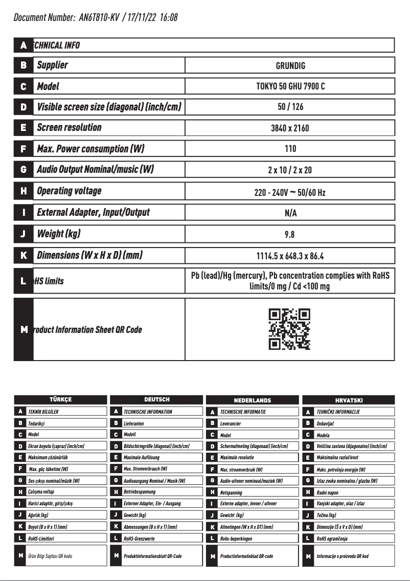 Page 1 de la notice Fiche technique Arçelik TOKYO 50 GHU 7900 C