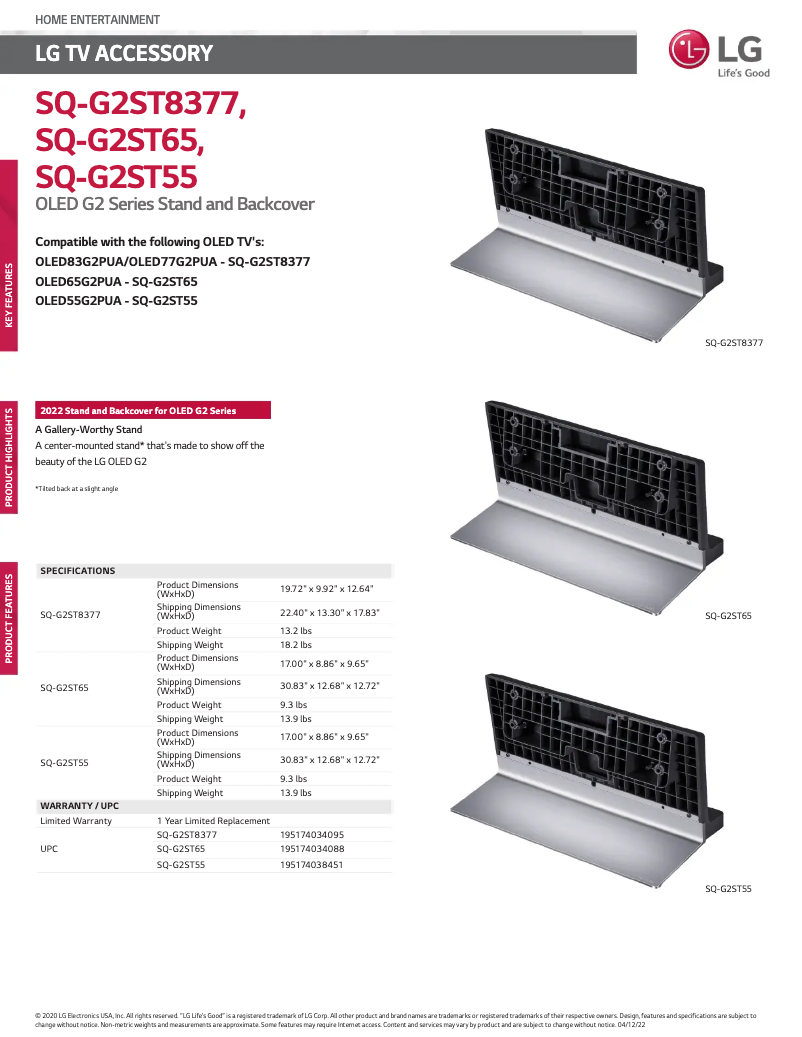 Page 1 de la notice Fiche technique LG SQ-G2ST8377