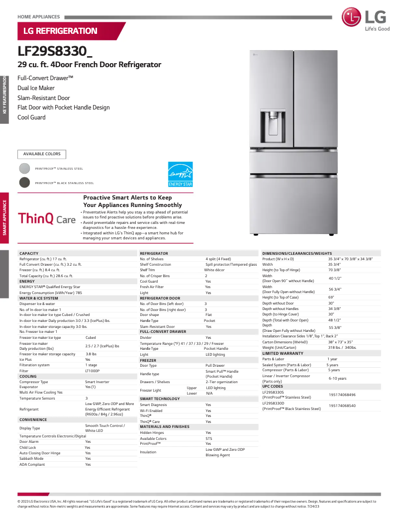 Page 1 de la notice Fiche technique LG LF29S8330S