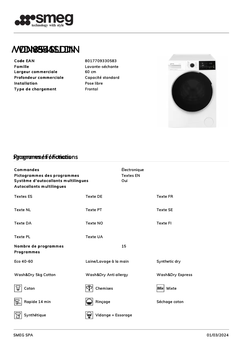 Page n°1 - Fiche technique Smeg WDN854SLDIN