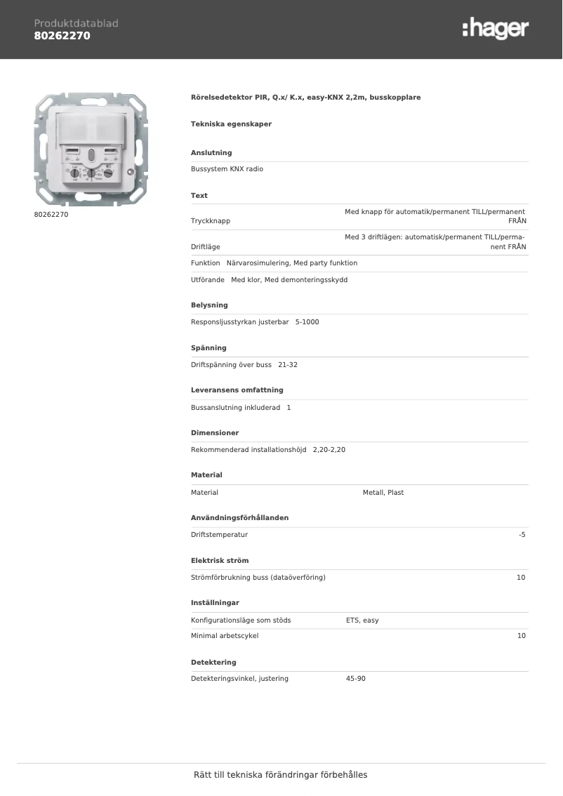 Page 1 de la notice Fiche technique Hager 80262270