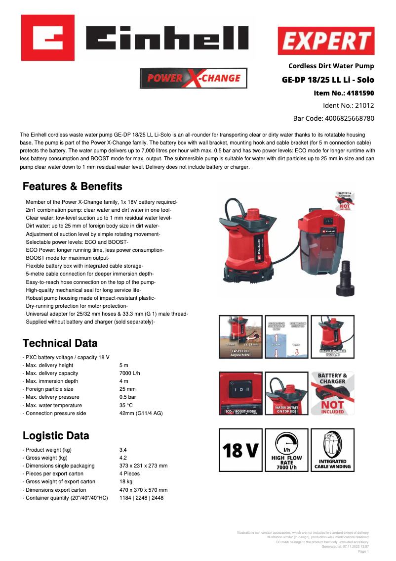 Page n°1 - Fiche technique Einhell GE-DP 18/25 LL Li