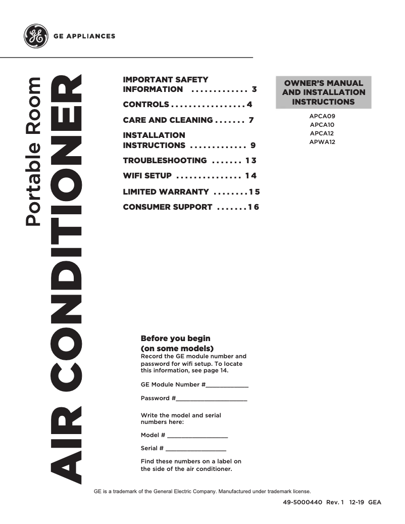 Page 1 de la notice Mode d'emploi GE APCA10YZMW