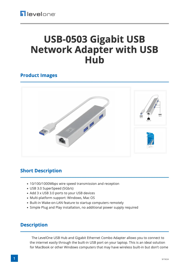 Page 1 de la notice Fiche technique LevelOne USB-0503