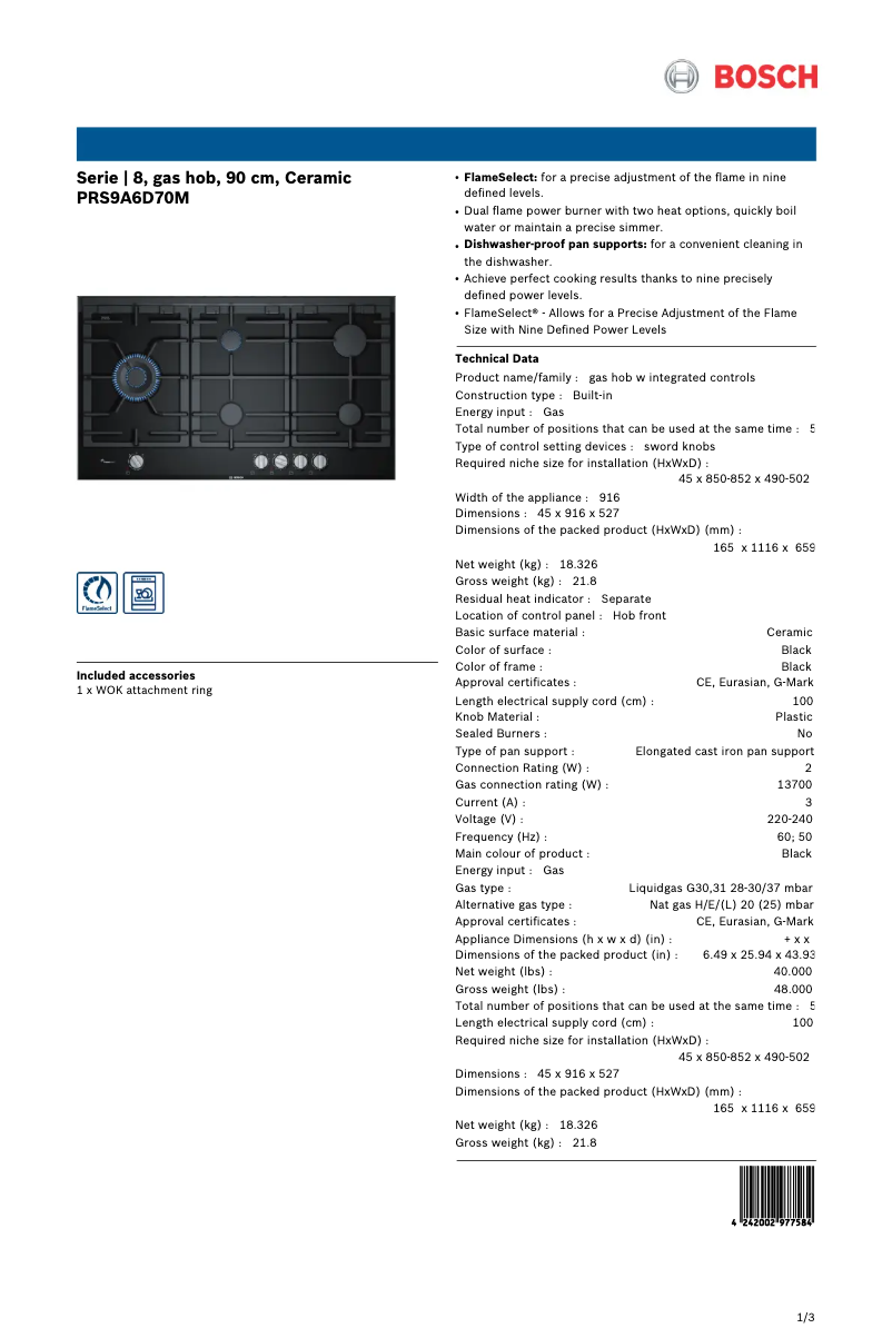 Page 1 de la notice Fiche technique Bosch PRS9A6D70M