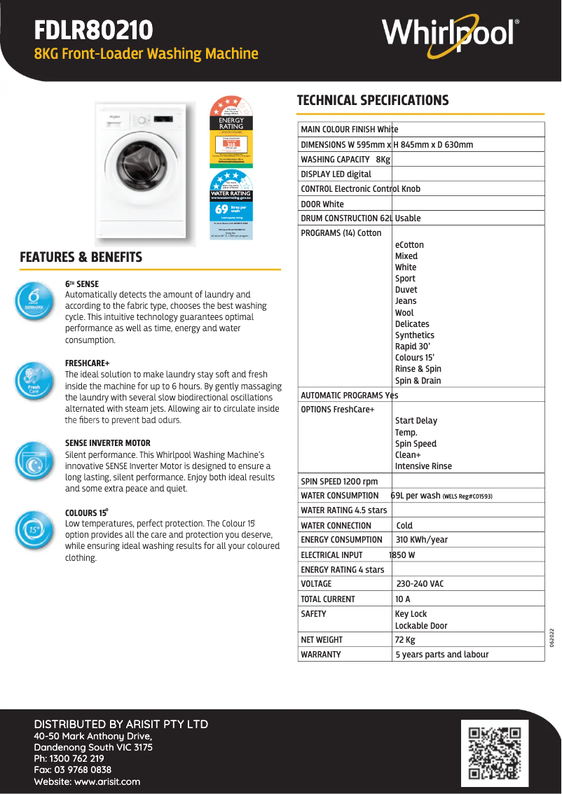 Página 1 del manual Ficha técnica Whirlpool FDLR80210