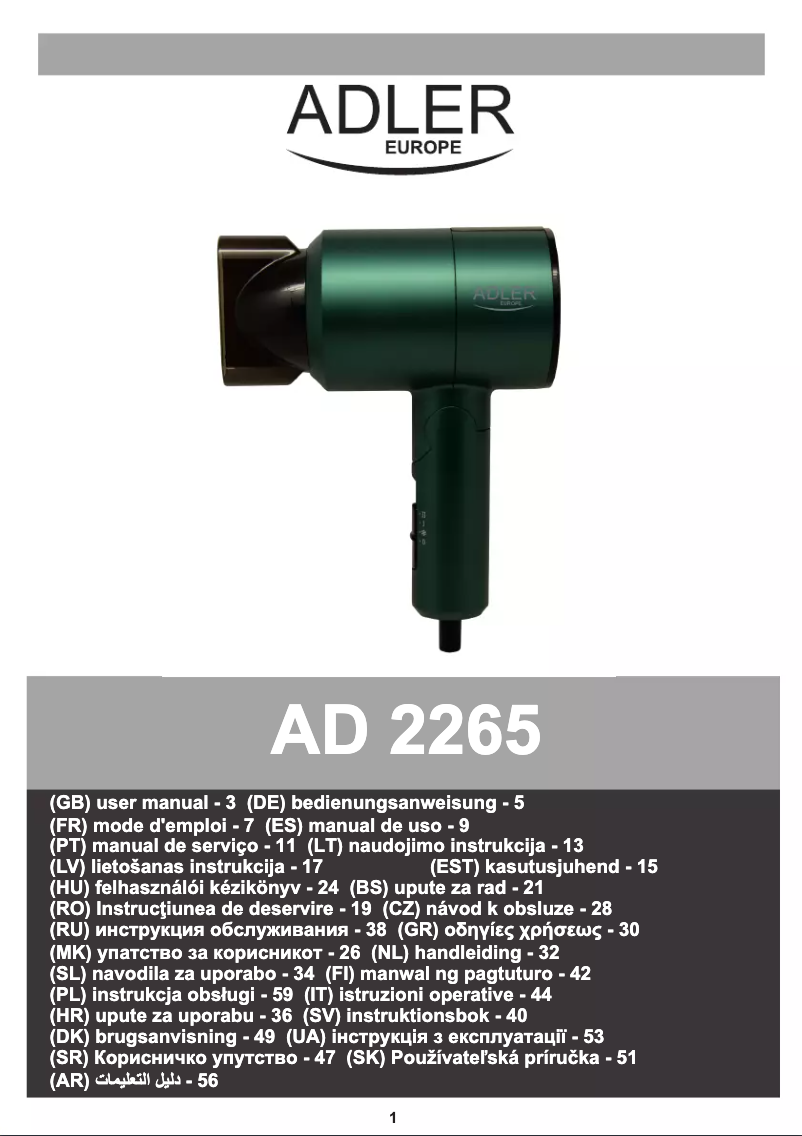 Page 1 de la notice Manuel utilisateur Adler AD 2265