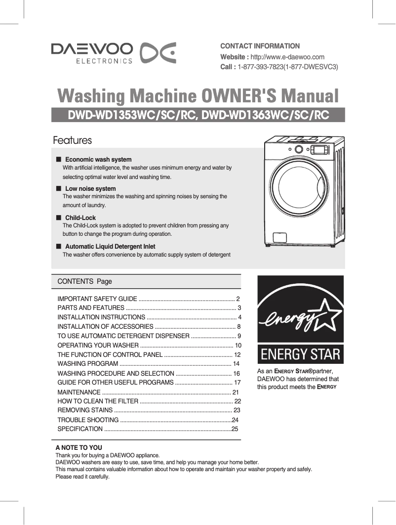 Page n°1 - Manuel utilisateur Daewoo DWD-WD1363WC