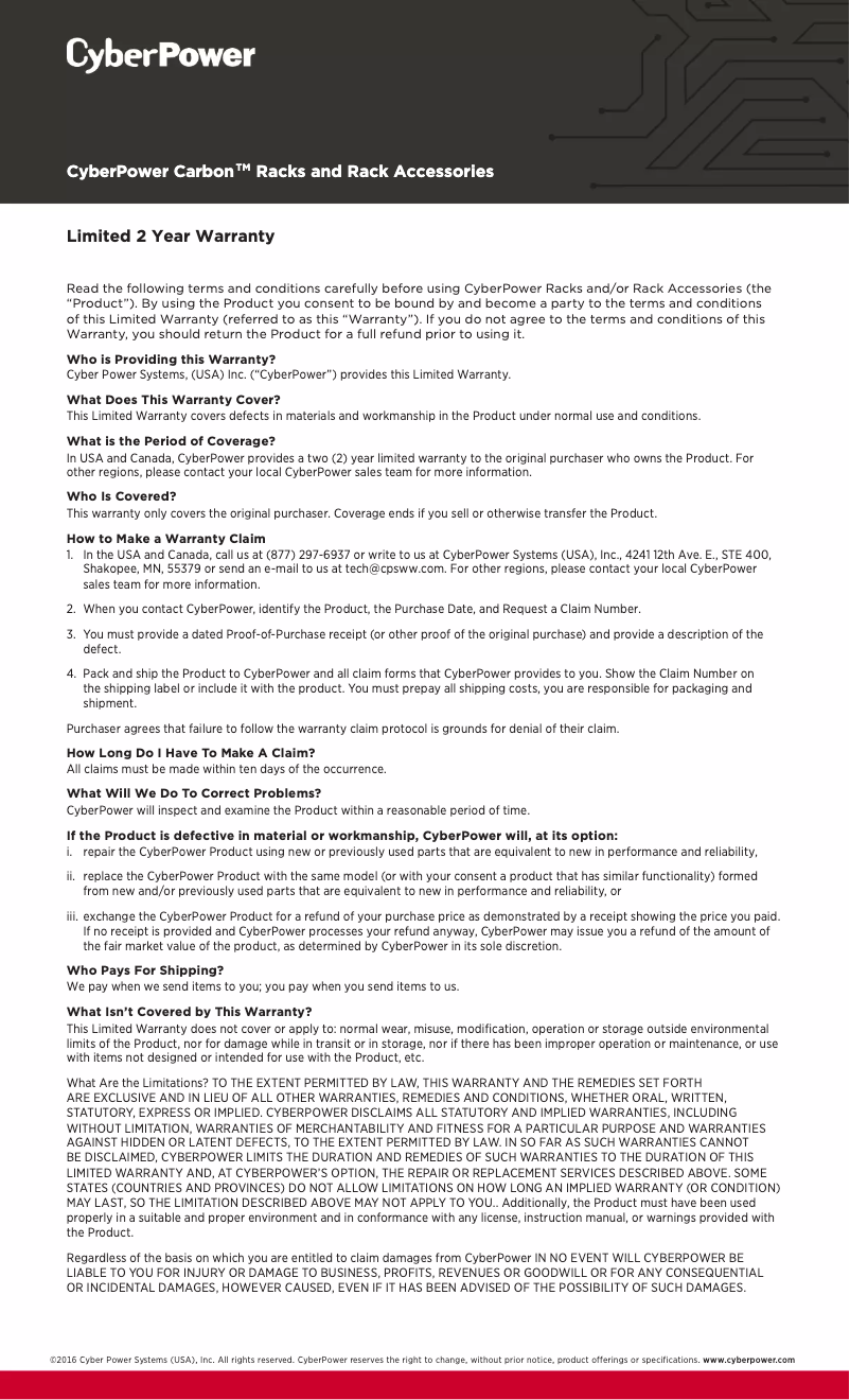 Page 1 de la notice Informations de garantie CyberPower CRA12003