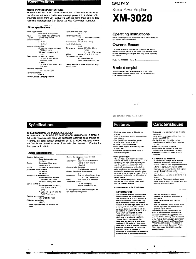 Page n°1 - Manuel utilisateur Sony XM-3020