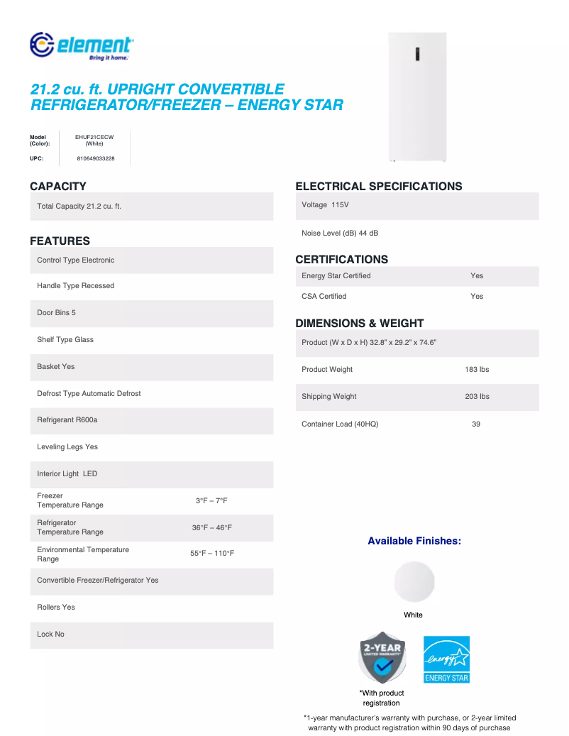 Page 1 de la notice Fiche technique Element EHUF21CECW